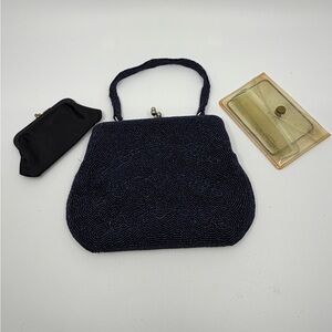 Vintage Beaded Navy iridescent Evening Handbag with Top Handle Japan